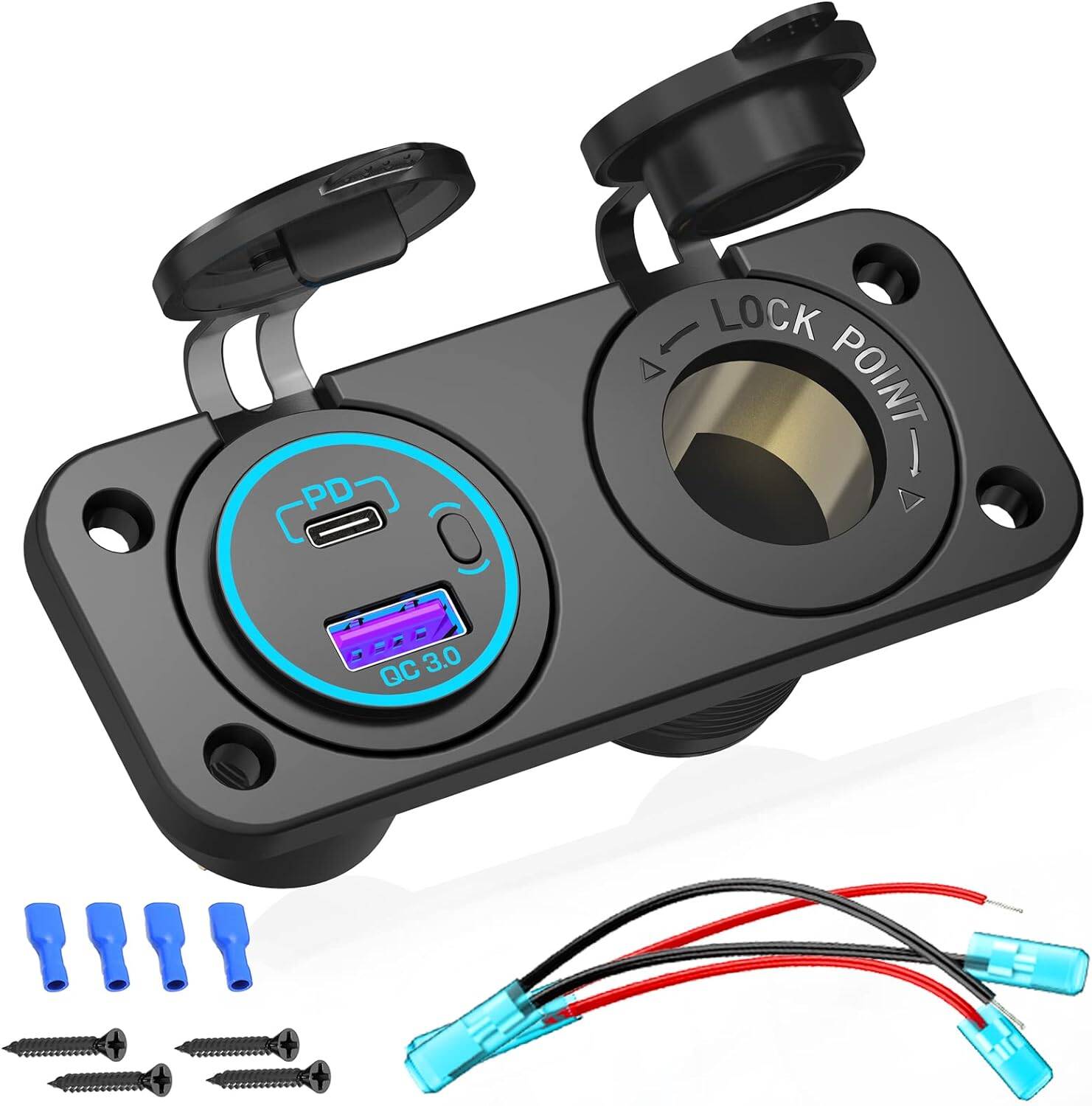 PD3.0 USB-C & 12V Einbausteckdose 12V Einbausteckdose mit USB C Power Delivery PD 3.0 und Schnellladung
